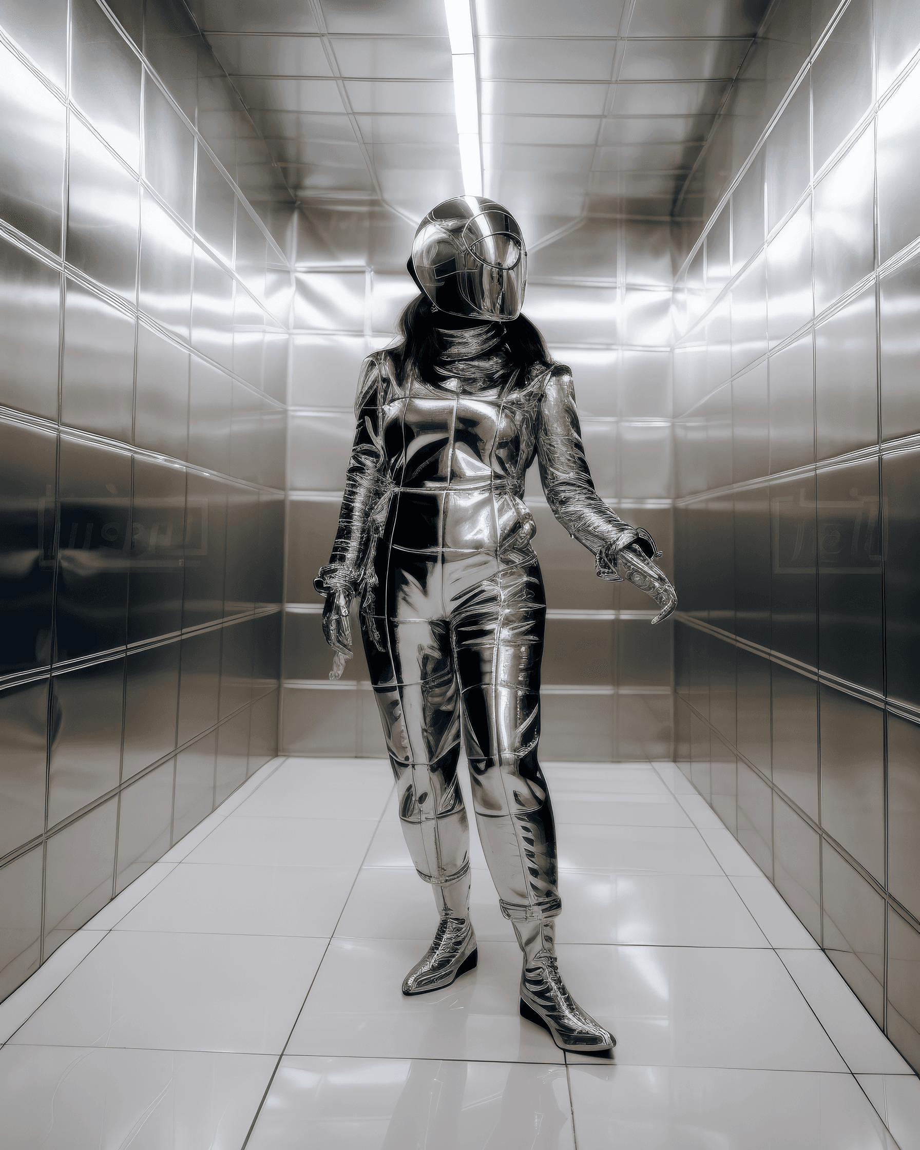AI generated: a woman in a silver suit posing on white tiles, in the style of gelatinous forms, cybergoth, bronze ...