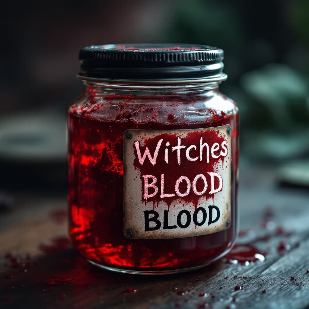 AI generated: photorealistic image shows a jar of blood-like substance on a table, with the label reading \"Witche...
