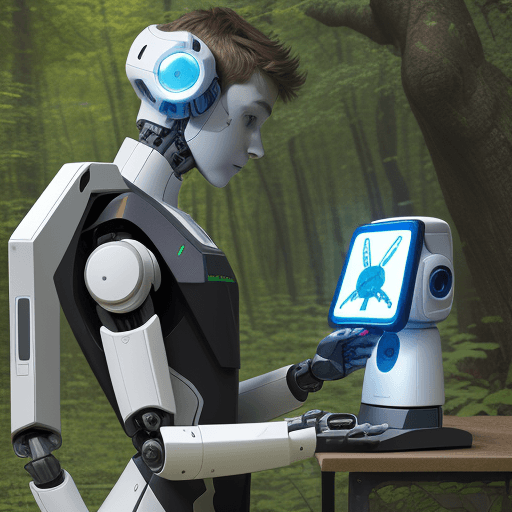 AI generated: create a modern image that contains a young man with a robot interacting in nature, modern ecology a...