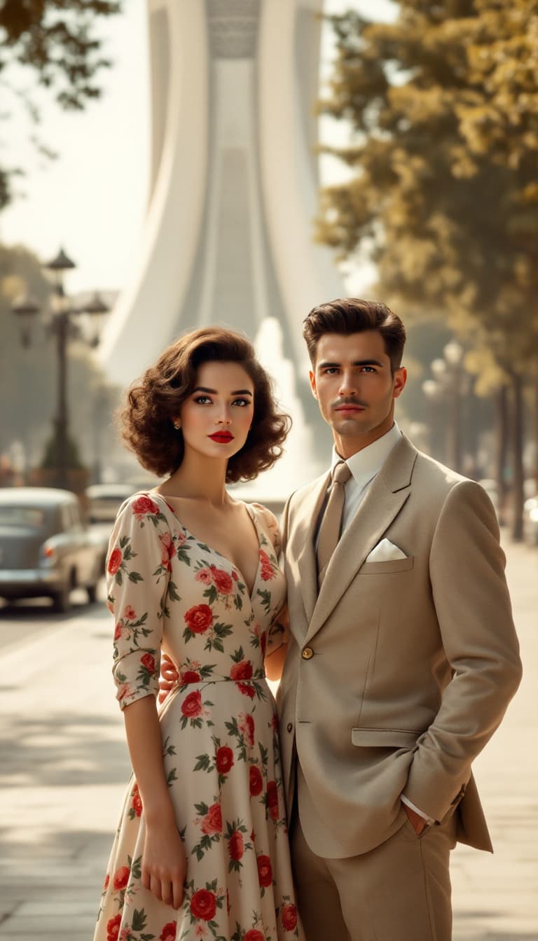AI generated: The young couple from the 1950s stands in the heart of Tehran, with the iconic Azadi Square (formerl...