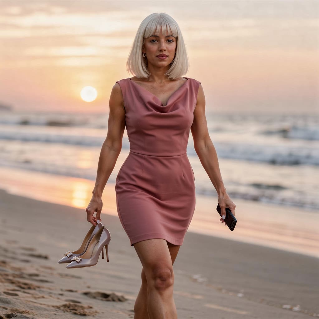 AI generated: Hot girl she Has tall Thick thighs posing while walking in a Beach during sunset with natural light ...