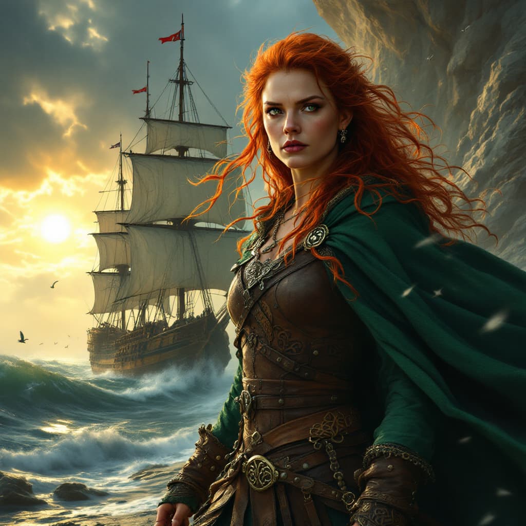 AI generated: Gráinne O'Malley, the legendary Irish pirate queen, stands defiantly at her rugged sea port, her sta...