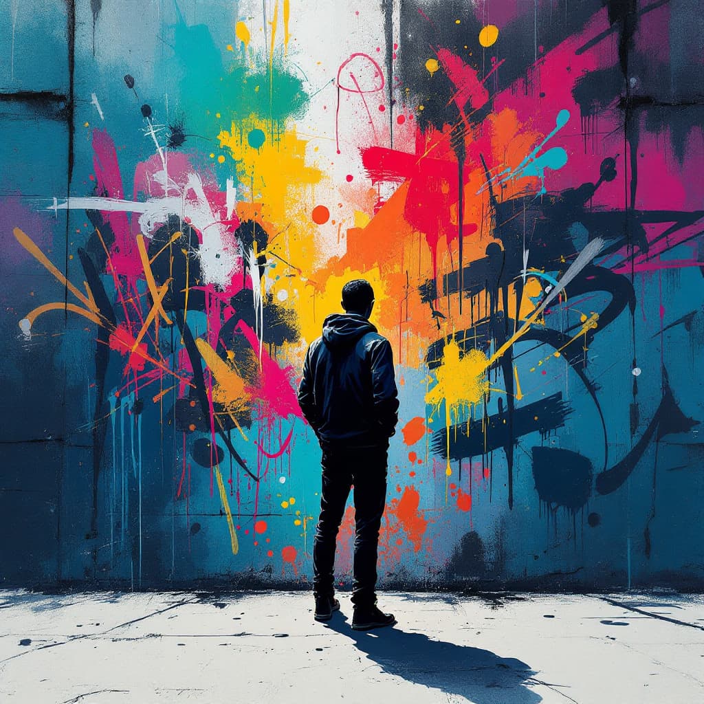 AI generated: illustration reflecting street art style, a lone figure, seen from the back, abstract graffiti wall,...