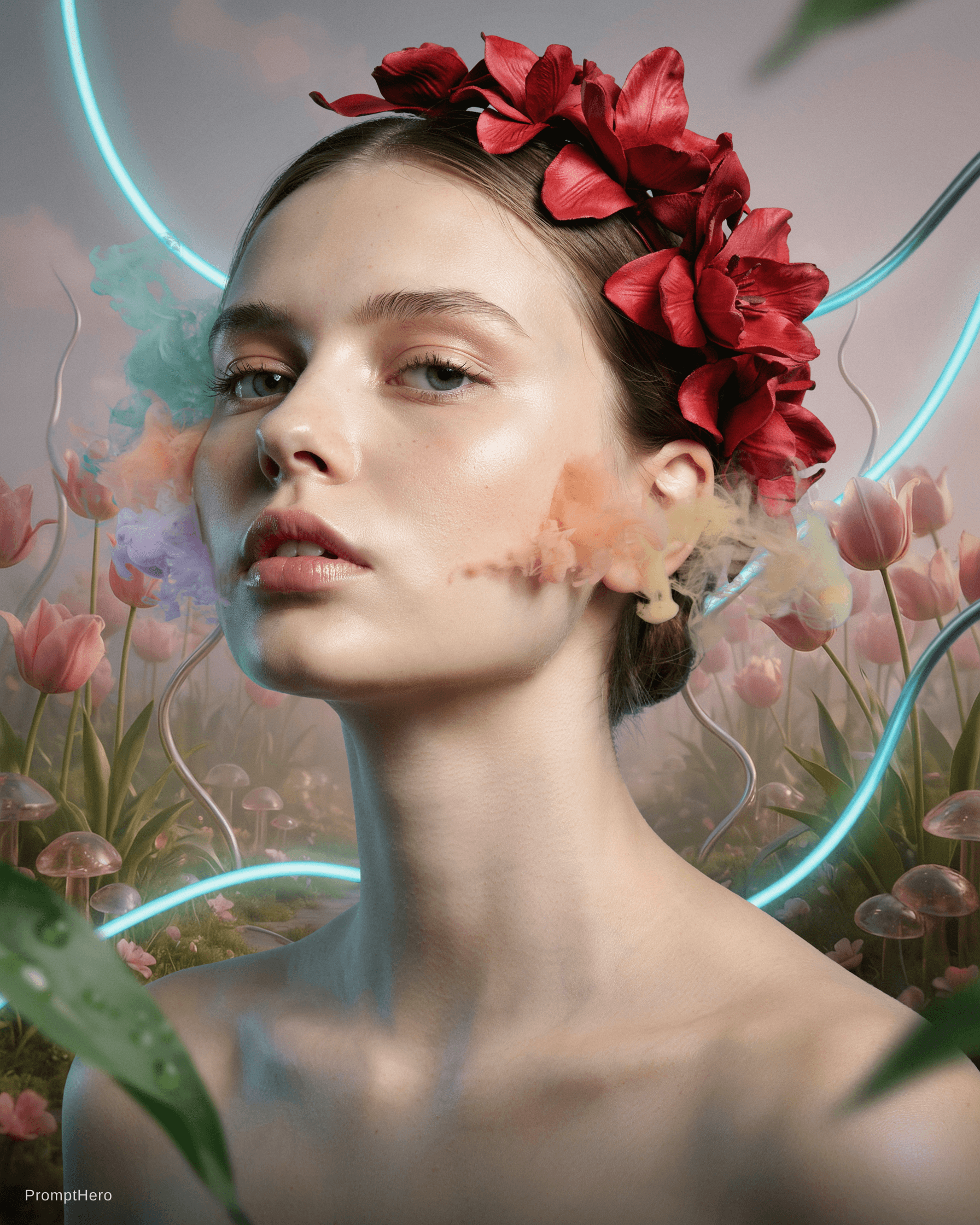 AI generated: editorial photoshoot of a woman's face in a pastel dream , colors flowing from her face wild fashion...