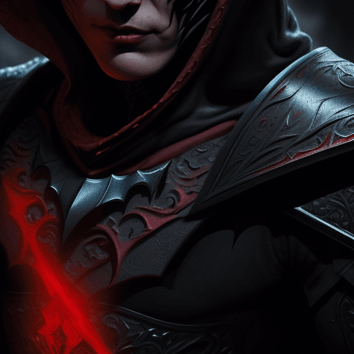 AI generated: closeup of dark knight from the Middle Ages, with face under the dark  red hood, with dark black ene...