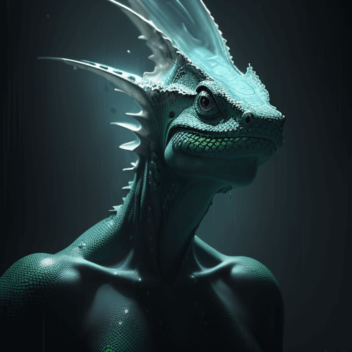 AI generated: Body oil painting of a beautiful (lizard person: 1. 3), beautiful face, big fin, very detailed, floa...