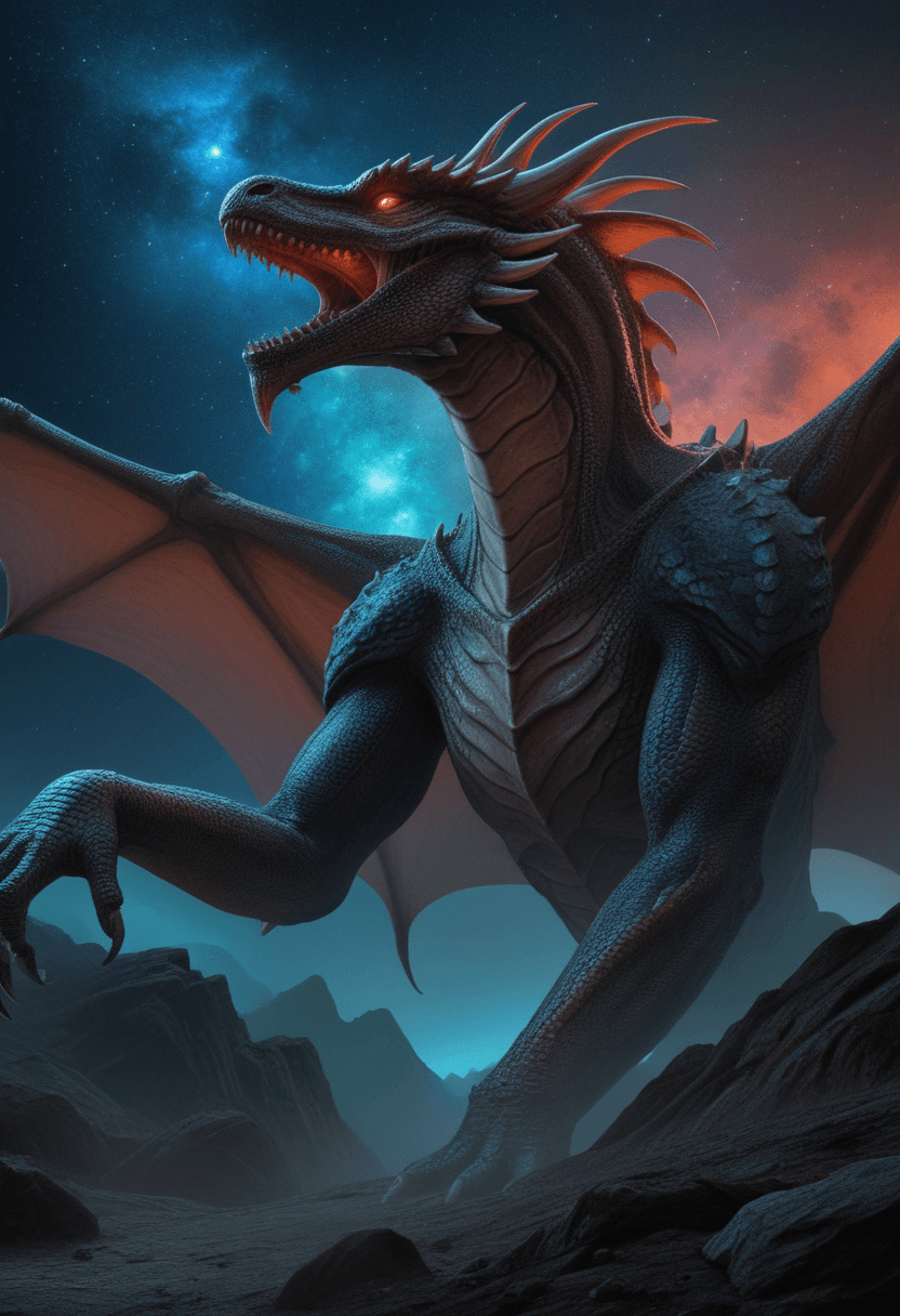 AI generated: Alien-themed epic fantasy, mighty dragon, otherworldly landscape, vibrant, iridescent scales, highre...