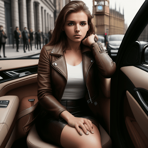 AI generated: Brown and white street photography of an attractive woman in leather jacket, sitting inside BMW car,...