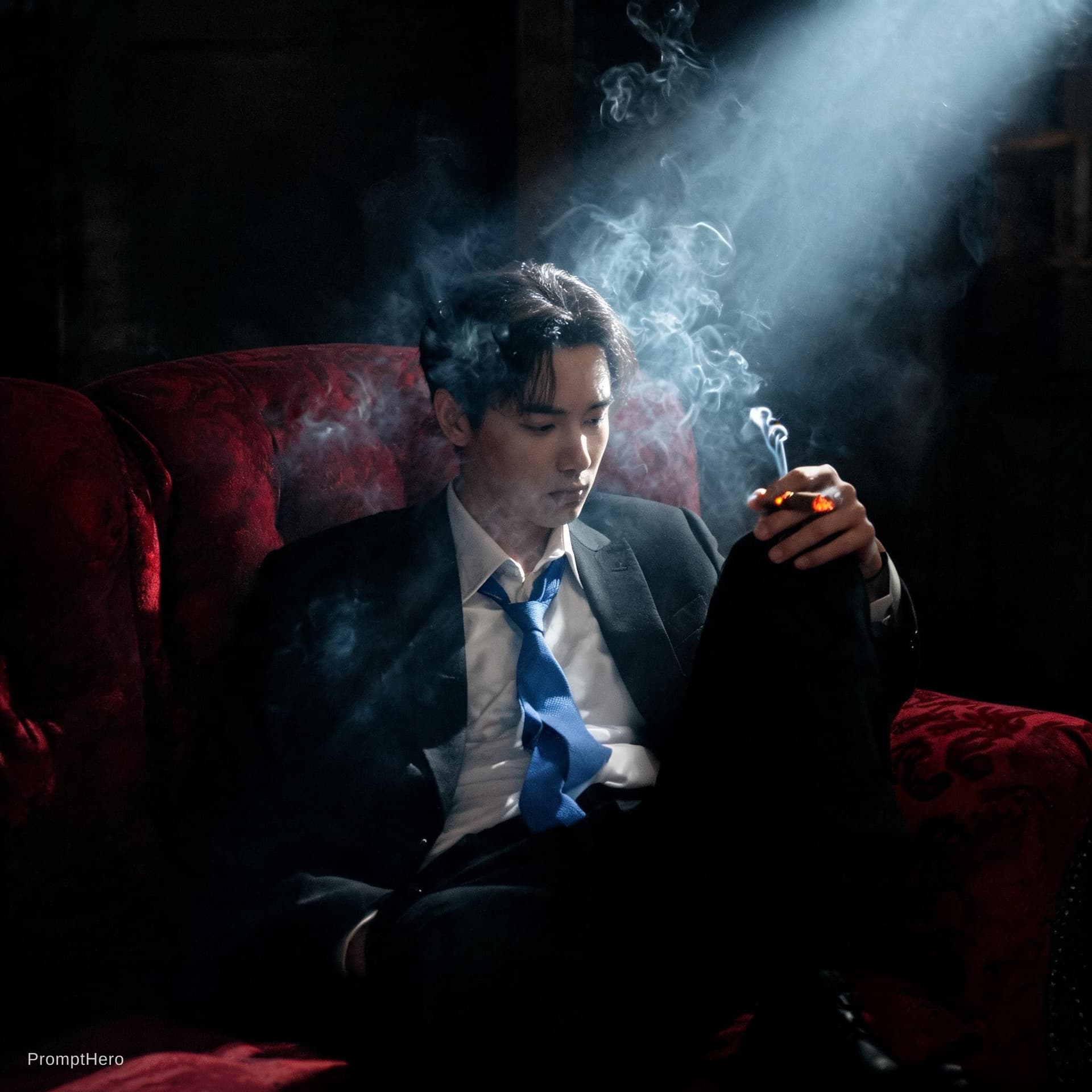AI generated: The photography, with its dimly lit room and hazy atmosphere, captures the figure of a man lounging ...