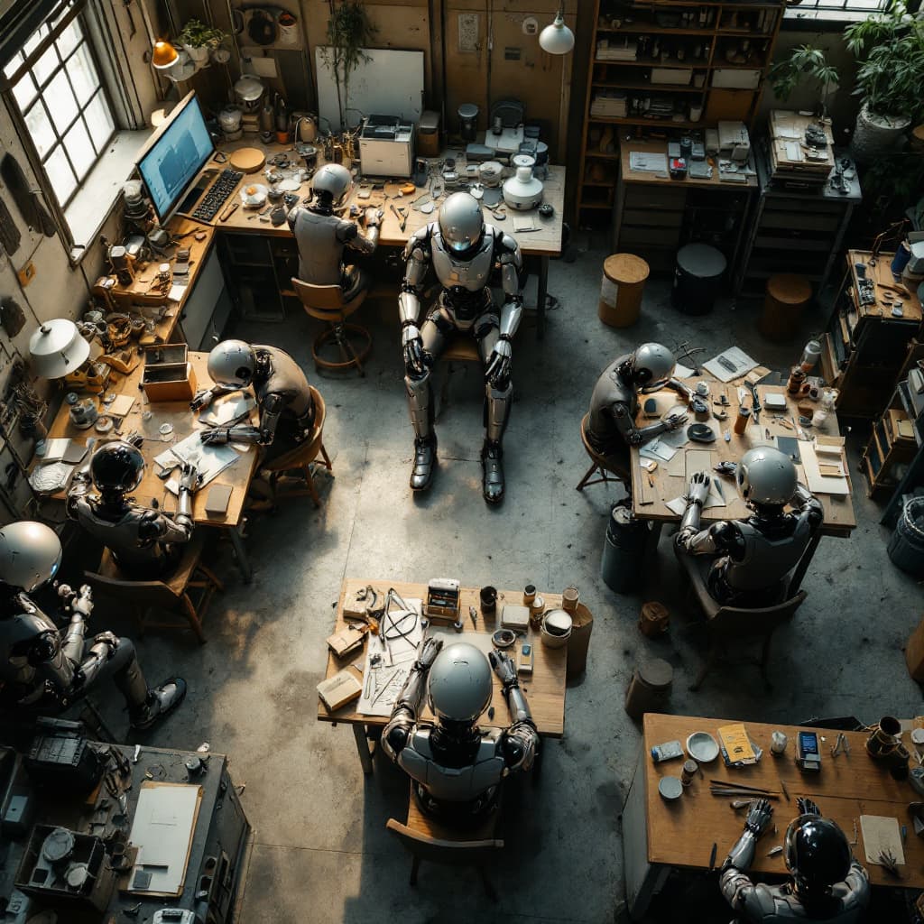 AI generated: A highly detailed cinematic overhead shot capturing a workshop with multiple workstations. At each w...