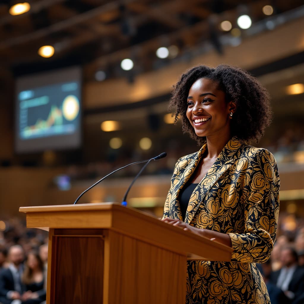 AI generated: A young African lady smiling, standing on a podium in a big hall receiving a recognition award for h...