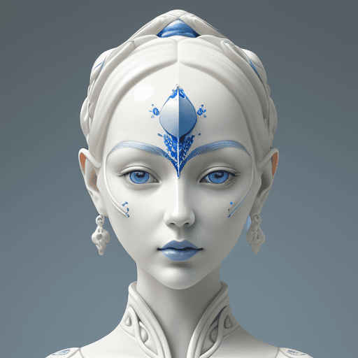 AI generated: a woman made out of porcelain, in the style of balanced symmetry, white and blue, detailed facial fe...
