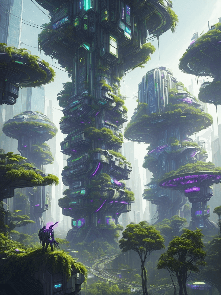 AI generated: a view of a city with a lot of trees and bushes, garden, a lot of flying objects , future city, in f...