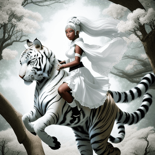 AI generated: a black girl with white hair living in a tree, a celestial being, wears white skirt, has a headband,...