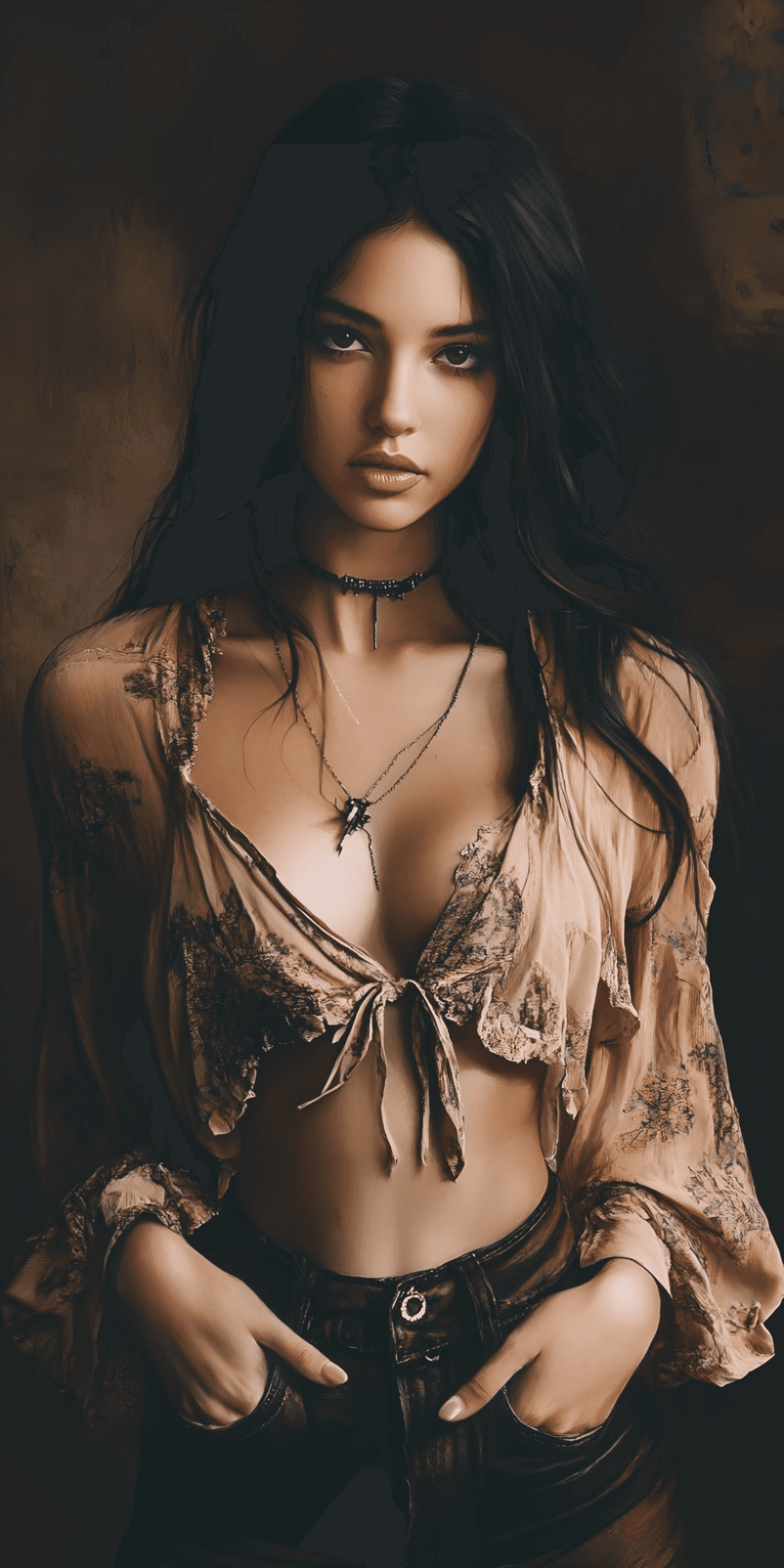 AI generated: Beautiful brunette woman in a blouse, in the style of David Uhl and Mark Stein. Science fiction art,...