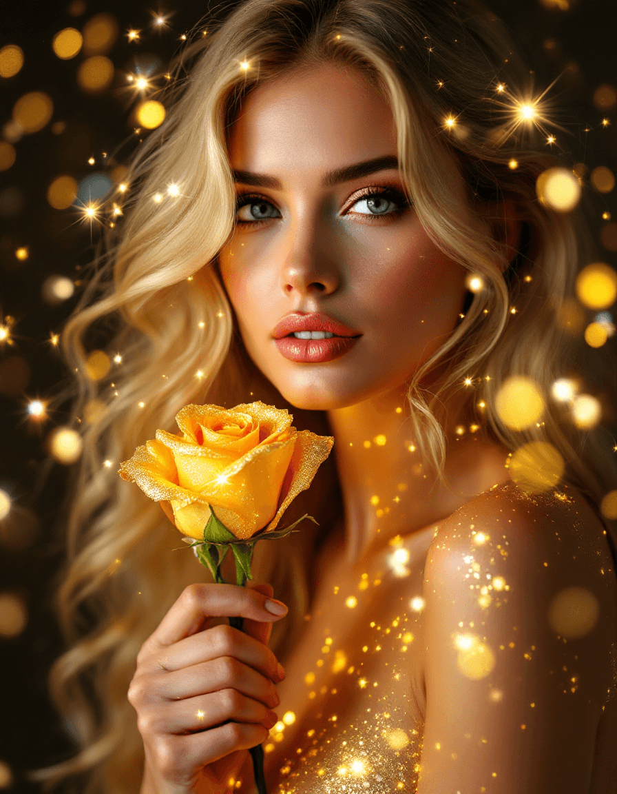 AI generated: an elegant woman with blonde hair with a gold shimmering aura light cascading in front of a dark bac...