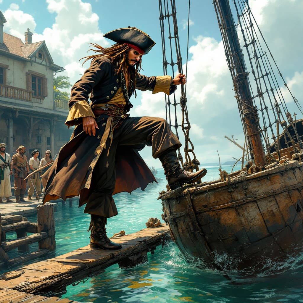AI generated: "illustrate in detail the precise moment Jack Sparrow steps onto the dock from the mast of his sinki...