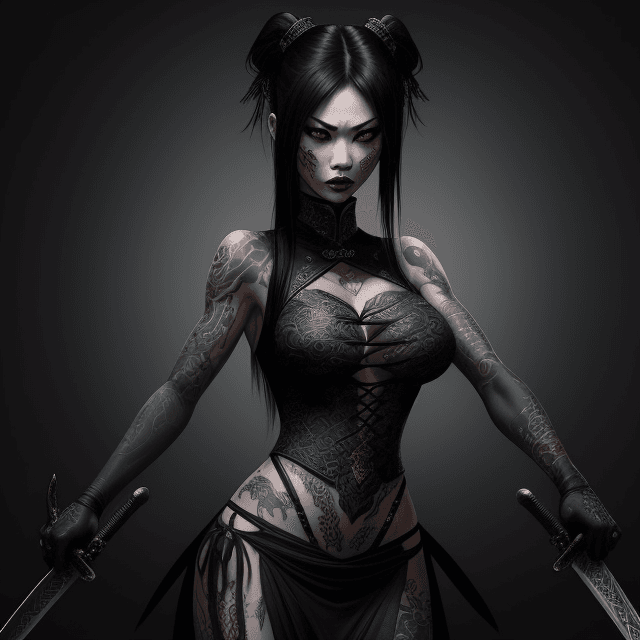 AI generated: The image depicts an oriental female character, holding a sword cursed with the souls of her ancesto...