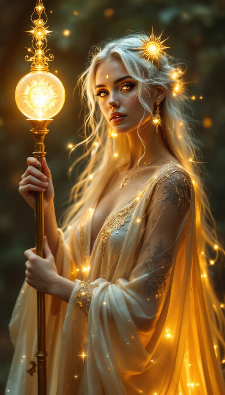 AI generated: An ultra-realistic, full-body portrait of a captivating golden sun priestess woman, radiating celest...