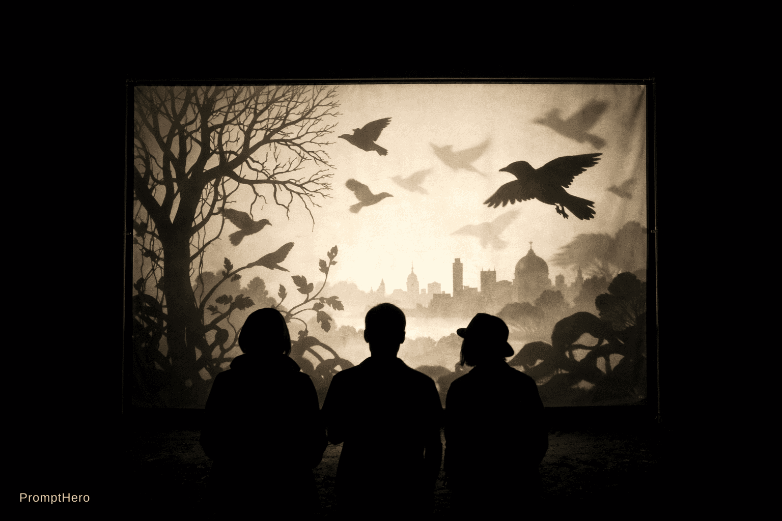 AI generated: A straight-on photograph of a large illuminated shadow puppet installation in a public space at nigh...