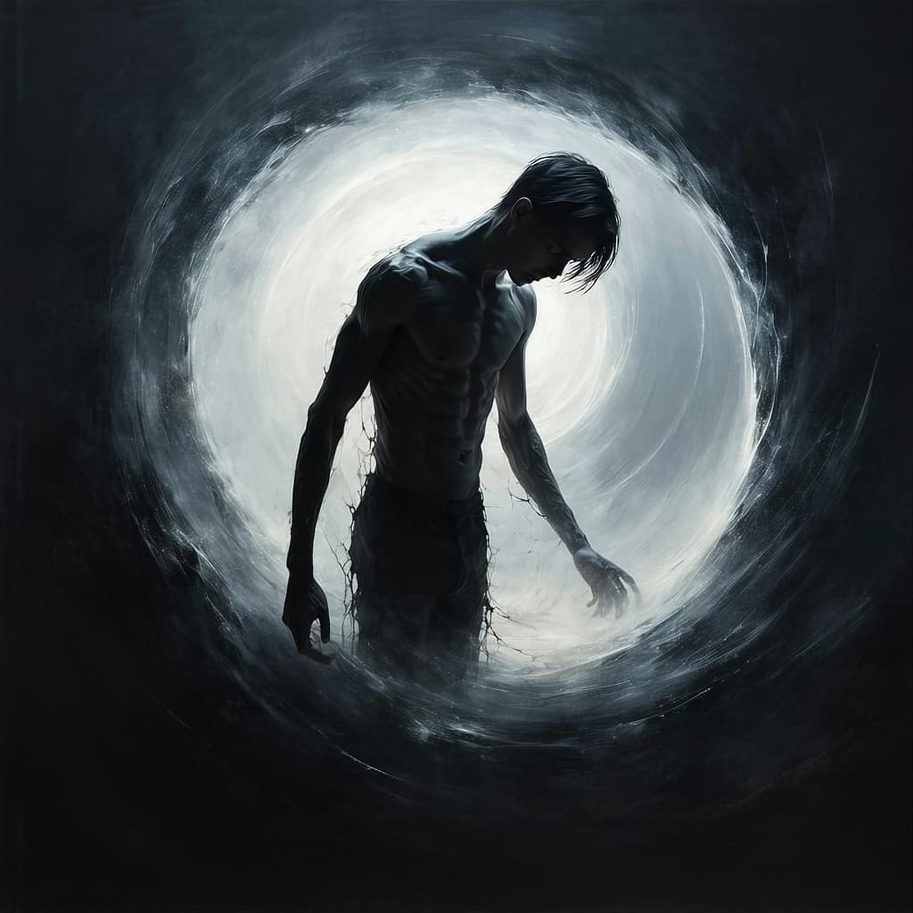 AI generated: A terrified, slim-faced young man stares downward at a void in the center of her stomach (1.4), his ...