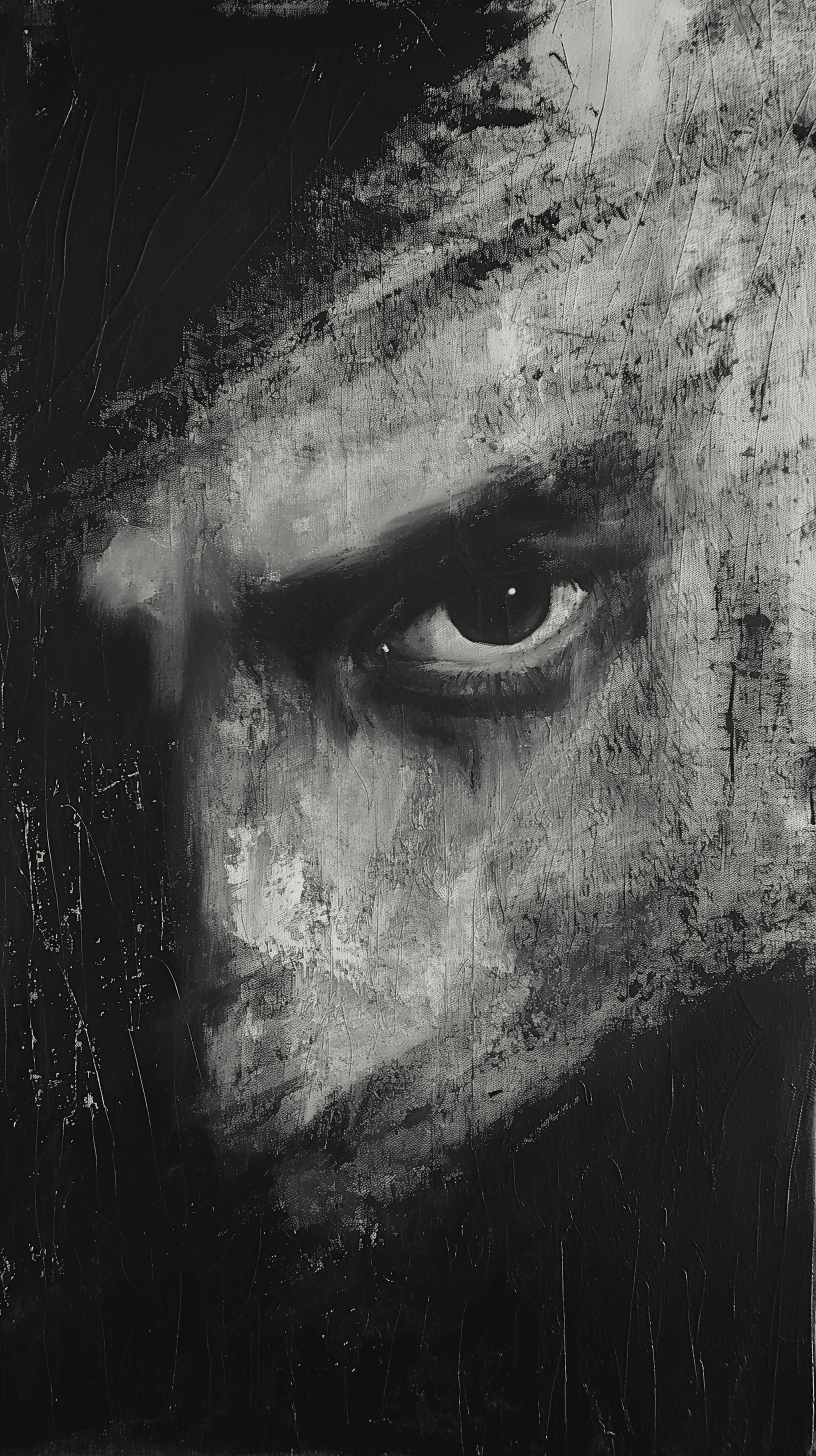 AI generated: portrait, man, oil painting, grainy painting, focused face, empty eye, minimalist avant-garde drawin...