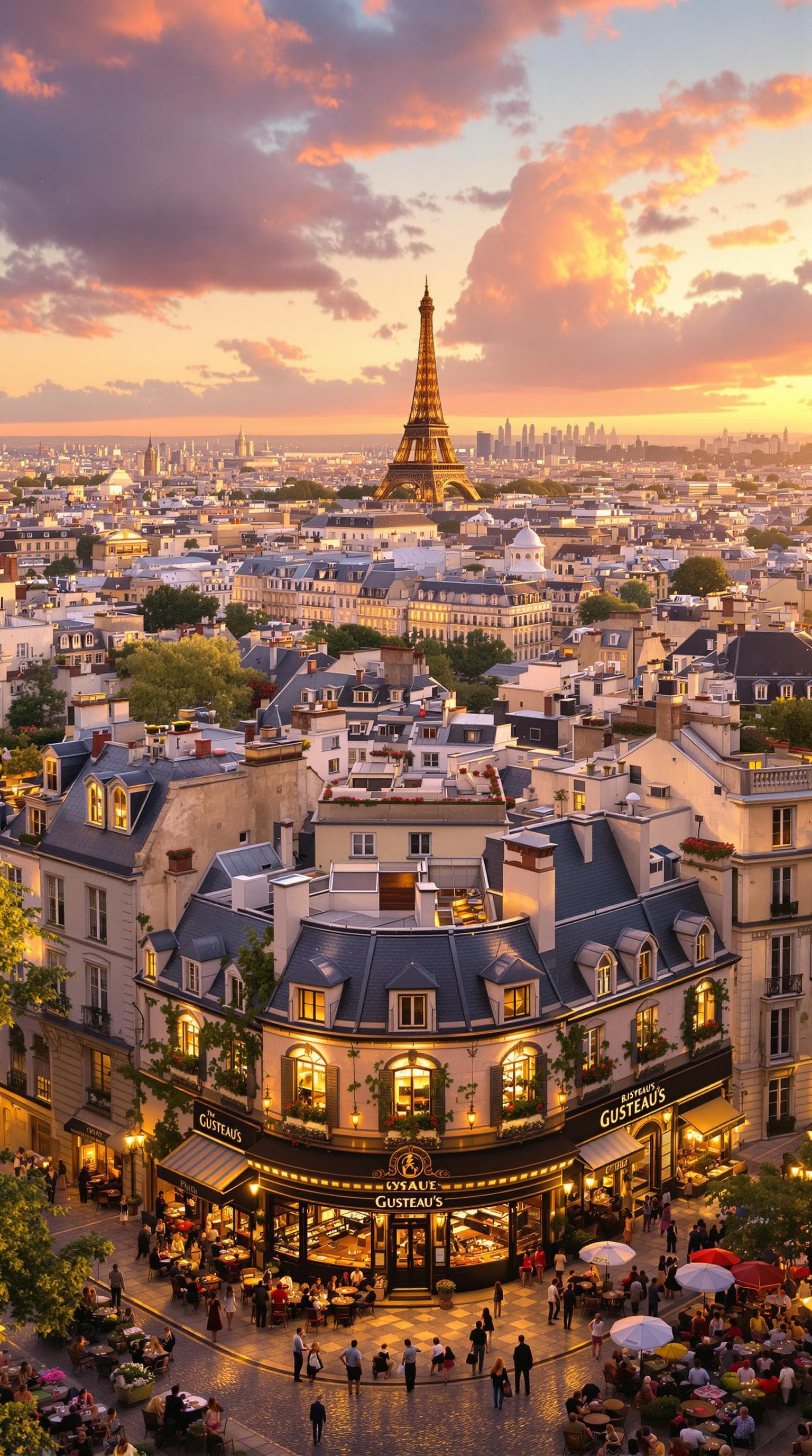AI generated: Breathtaking panoramic view of Paris inspired by Ratatouille; golden evening light over iconic citys...