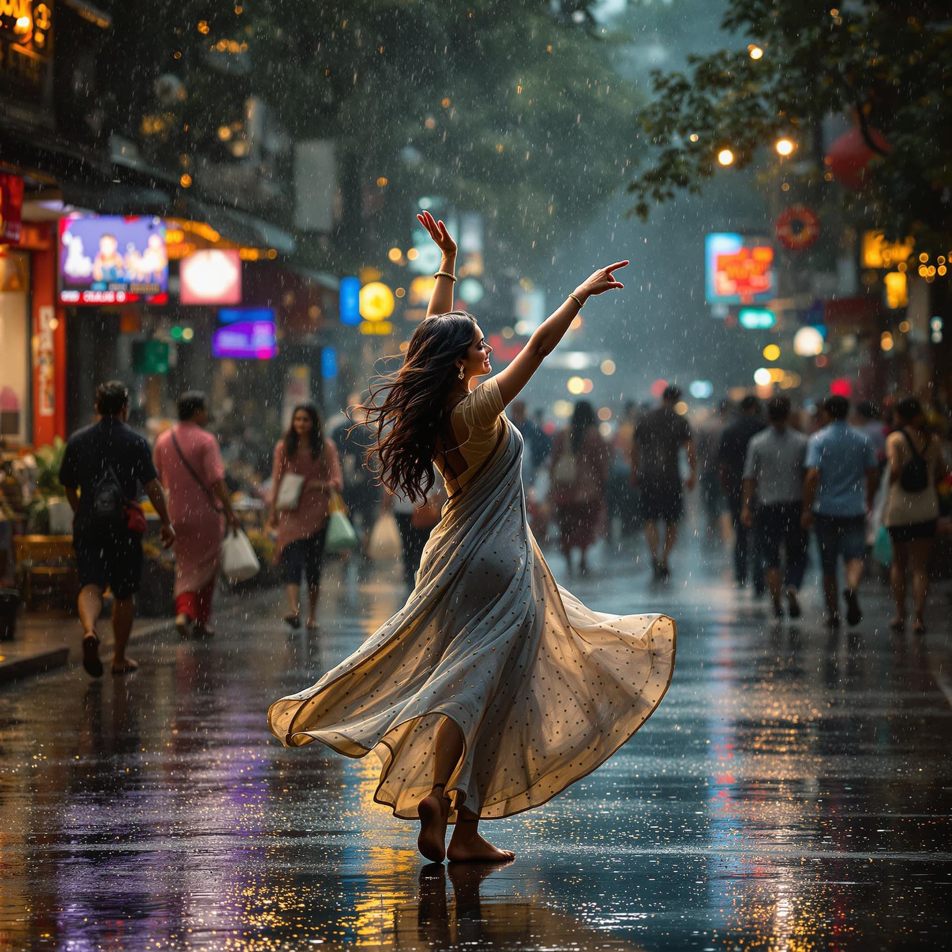AI generated: An image depicting the metaphor of life as Indian girl dancing in the rain. Show a joyful and confid...