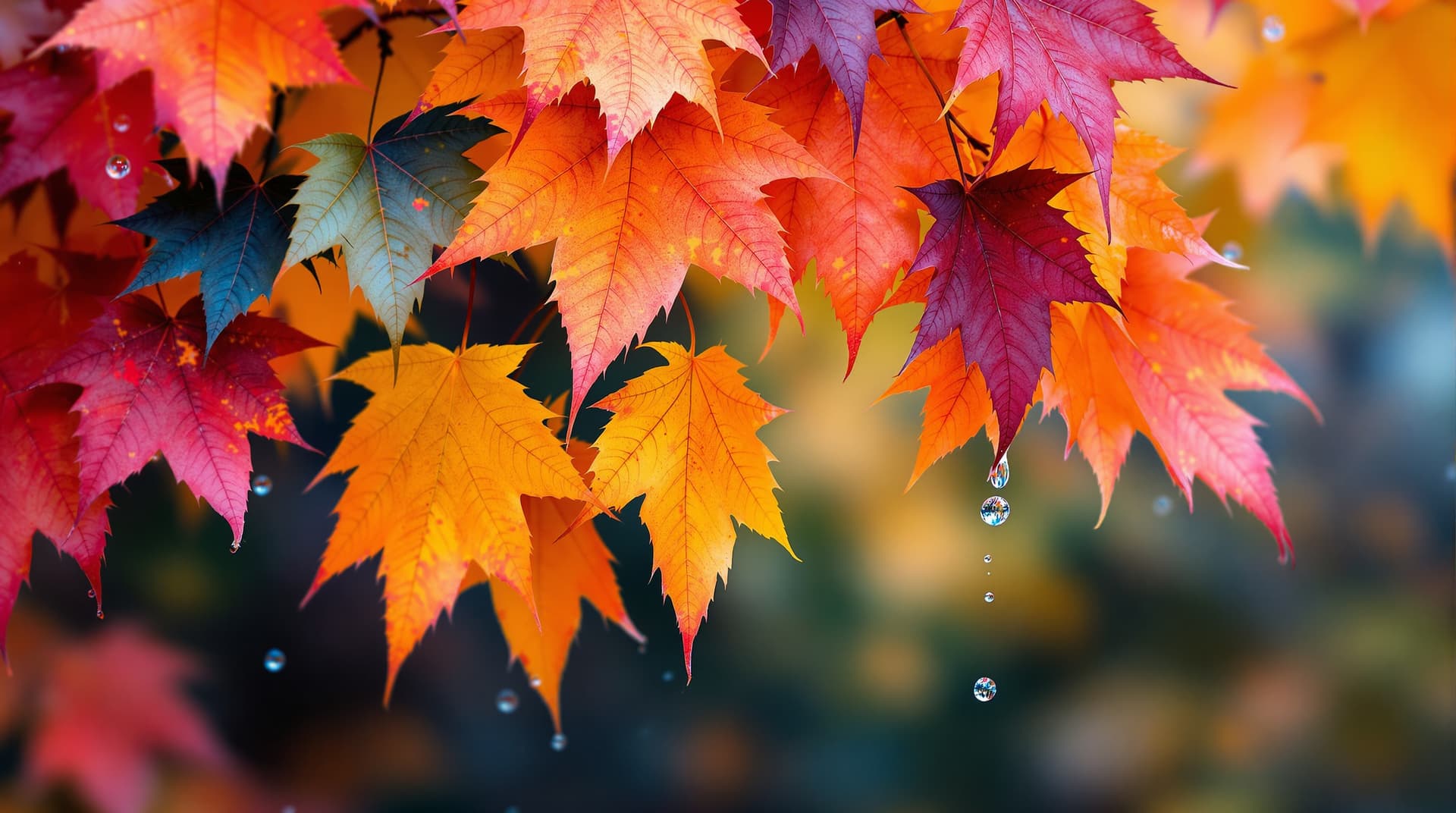 AI generated:  a fictive  exc eptional view   autumn leaves cascade down, dripping and melting in a multicolored s...