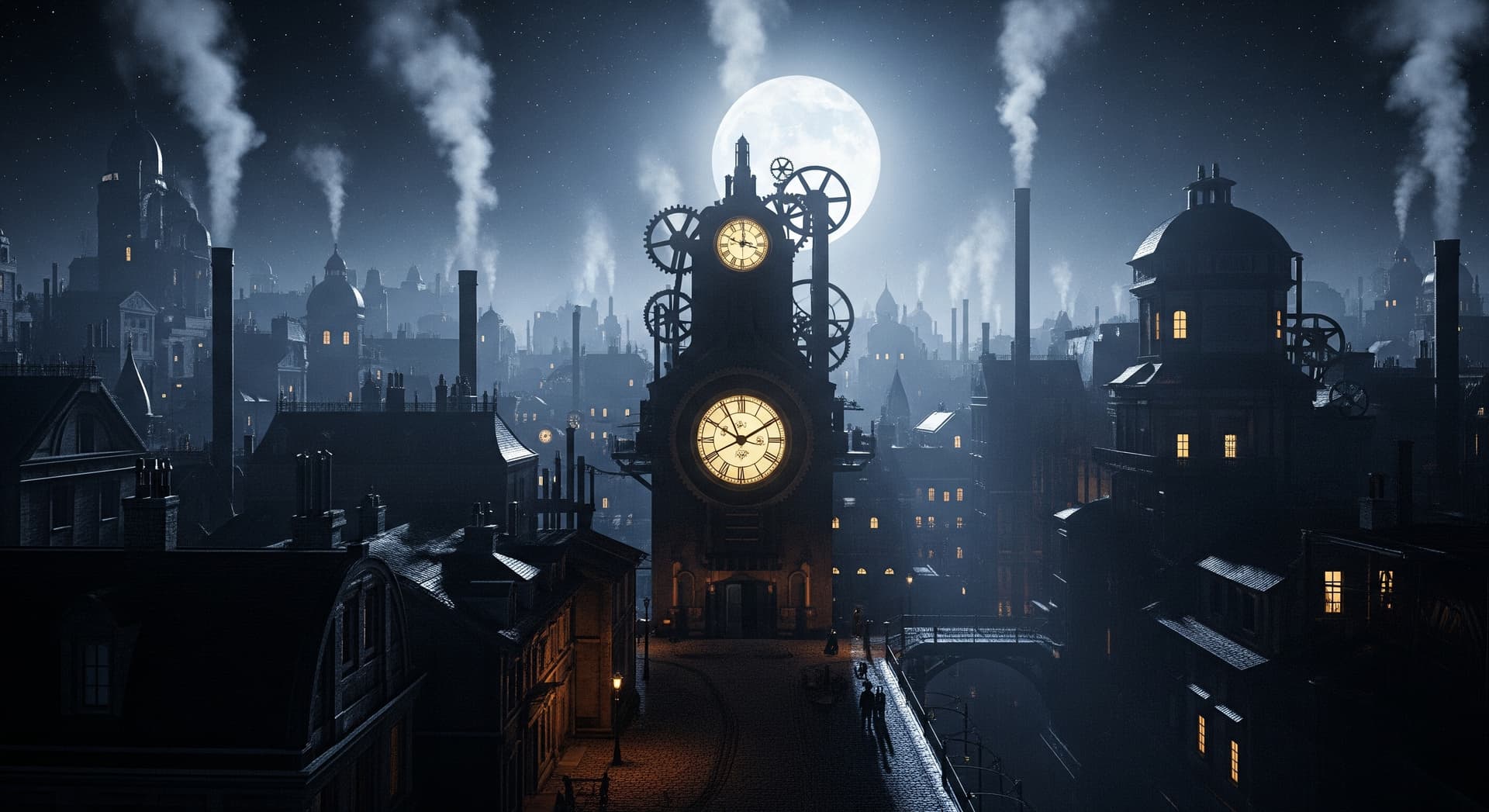 AI generated: Clockwork city breathes steam in moon's cold eye