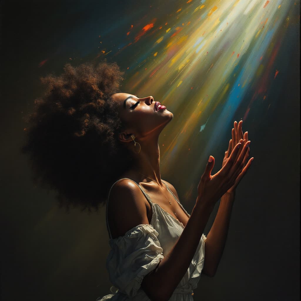 AI generated: A woman on afro hair, hands raised in veneration to the creator, head raised and bent slightly towar...