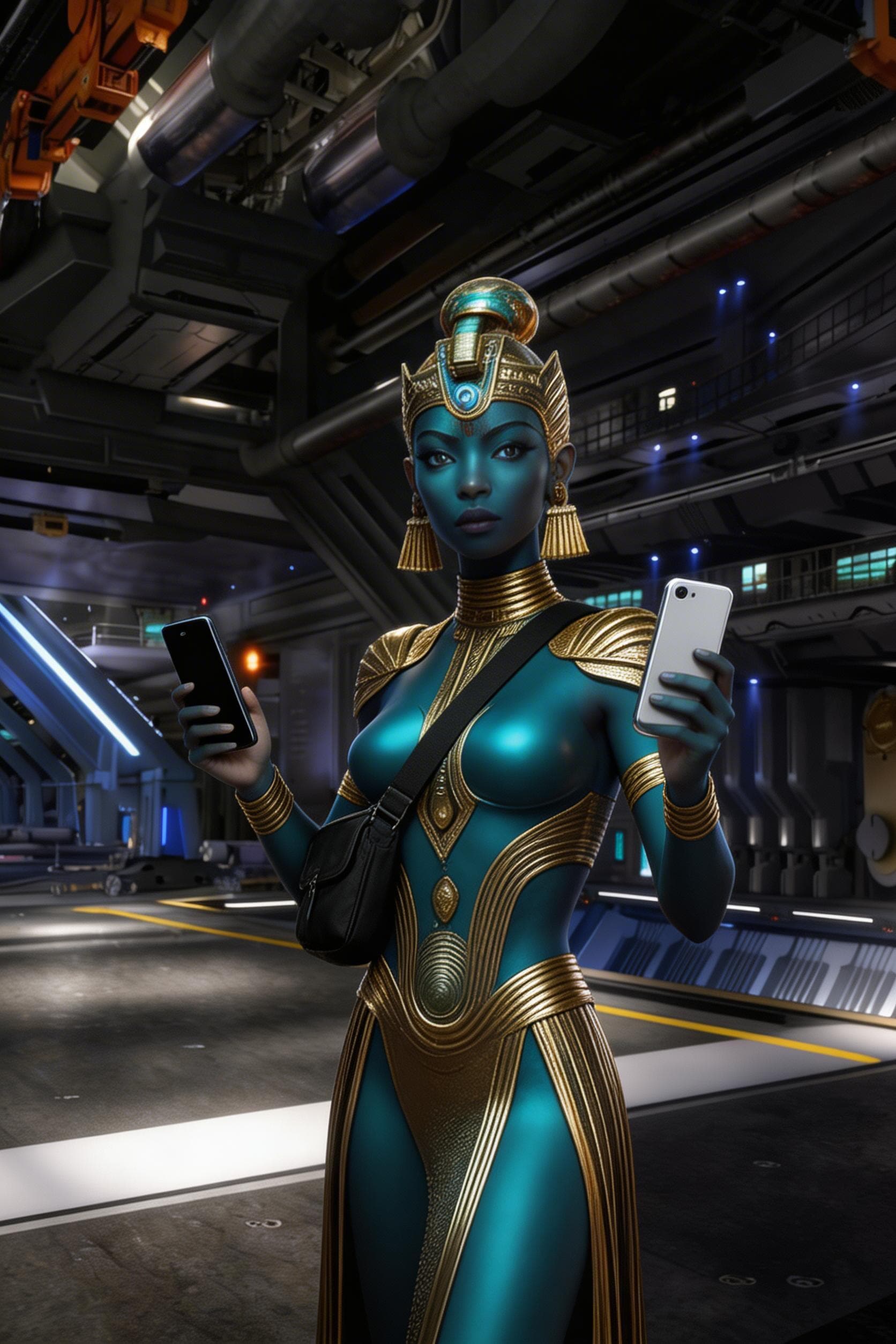 AI generated: Show the character in the landing bay carrying a black shoulder pouch. 

Show her holding two cellph...