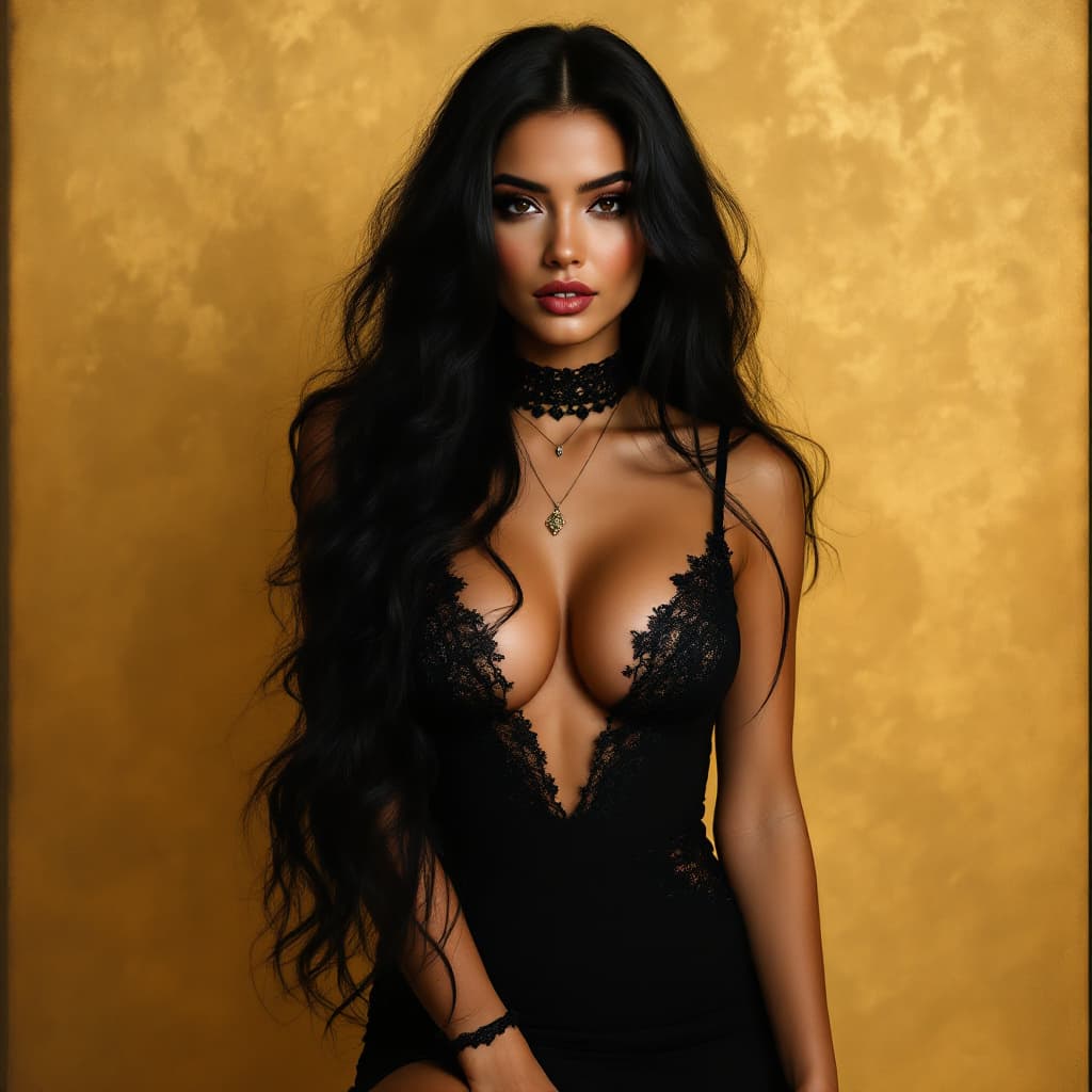 AI generated: A woman in a frontal pose with long, voluminous black hair, wearing a low-cut black dress with lace ...