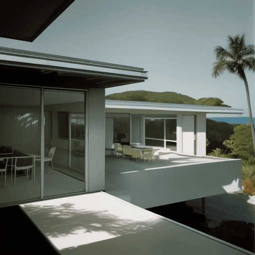 AI generated: Hyper realistic eye level exterior photo of a mid century modern style house overlooking the ocean, ...