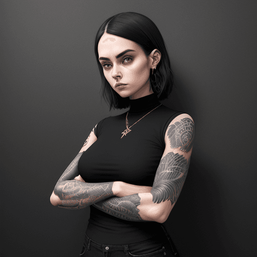 AI generated: a woman in black shirt with her arms folded against , in the style of tattoo, normcore, dark silver ...