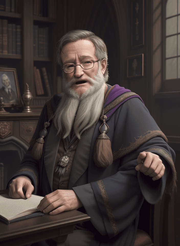 AI generated: A hyperreal portrait of Robin Williams as Headmaster Albus Dumbledore, in the Headmaster's study in ...