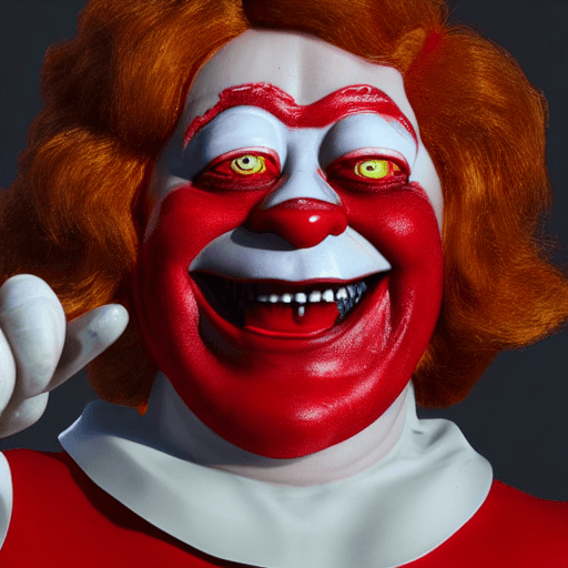 AI generated: Ronald McDonald as a horror film, highly detailed face  Hyperrealism, volumetric lighting,Negative p...