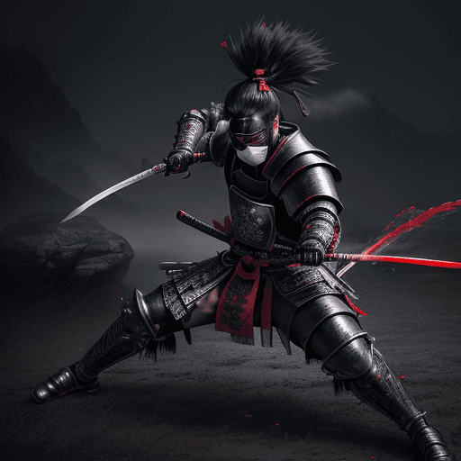 AI generated: a masked mystical samurai in action against enemies with his mystical katana in a grim battle,star d...