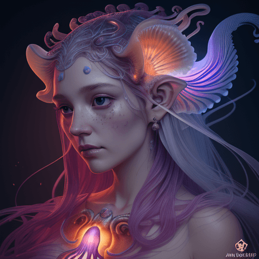 AI generated: Goddess close-up portrait ribcagel. jellyfish phoenix head, nautilus, orchid, skull, betta fish, bio...