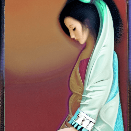 AI generated: young fair asian woman, tall and slender figure, long flowing black hair reaching down her back, big...