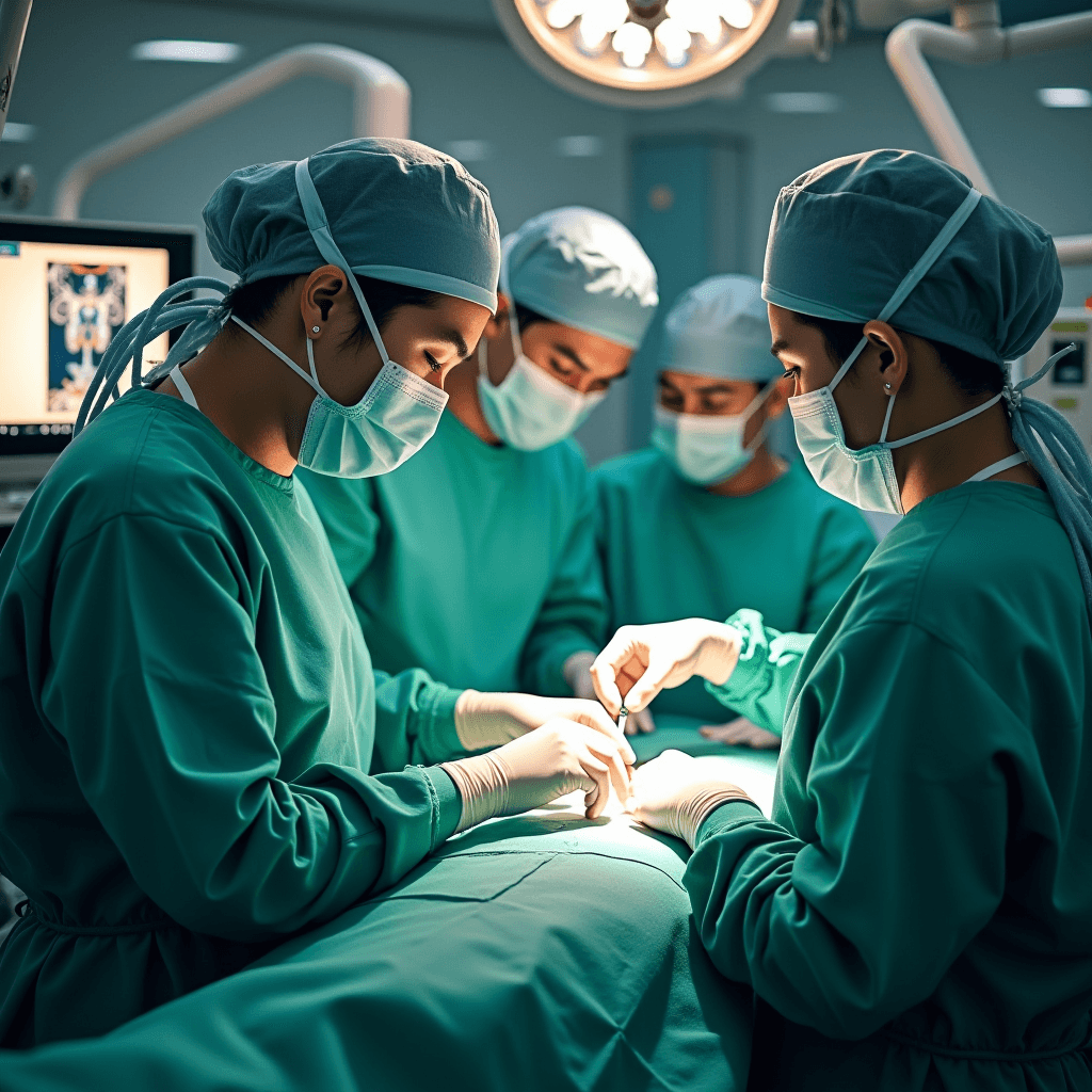 AI generated: A highly realistic depiction of an advanced surgical operating room. Asian doctors and nurses in gre...
