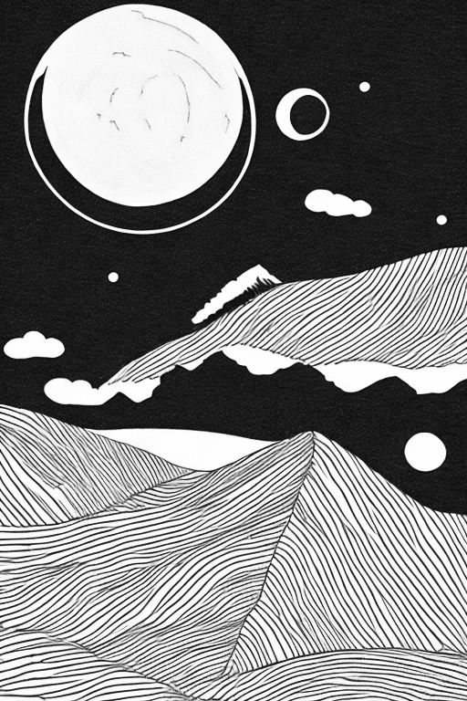 AI generated: 
landscape with moon, black lines white background, coloring page for beginners, simple, minimalist,...