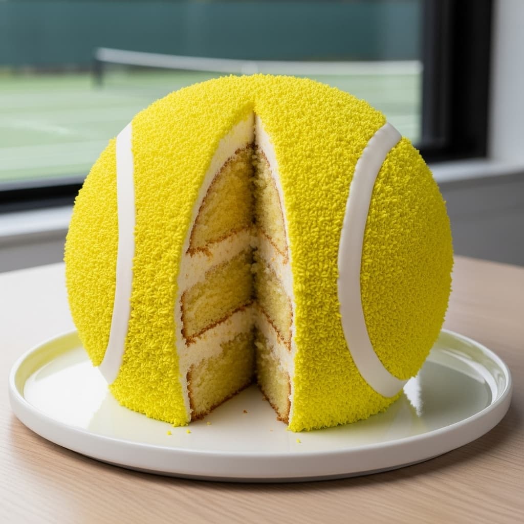 AI generated: Generate a cake that is in the form of a tennis ball.