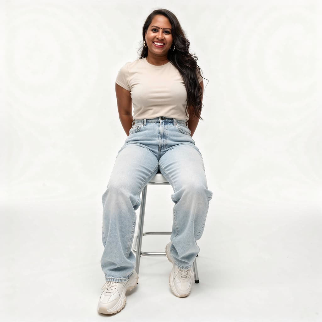 AI generated: A highly detailed, photorealistic, cinematic high-angle full-body studio shot of a cute and stylish ...