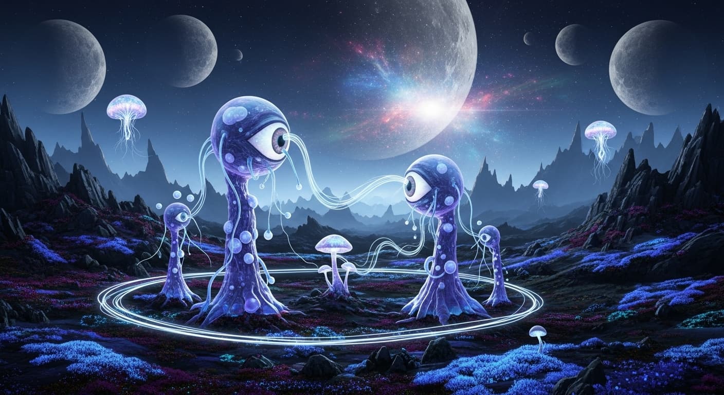 AI generated: a eerie landscape from a planet that is not our world, nothing is similar as it is on Earth. Some st...