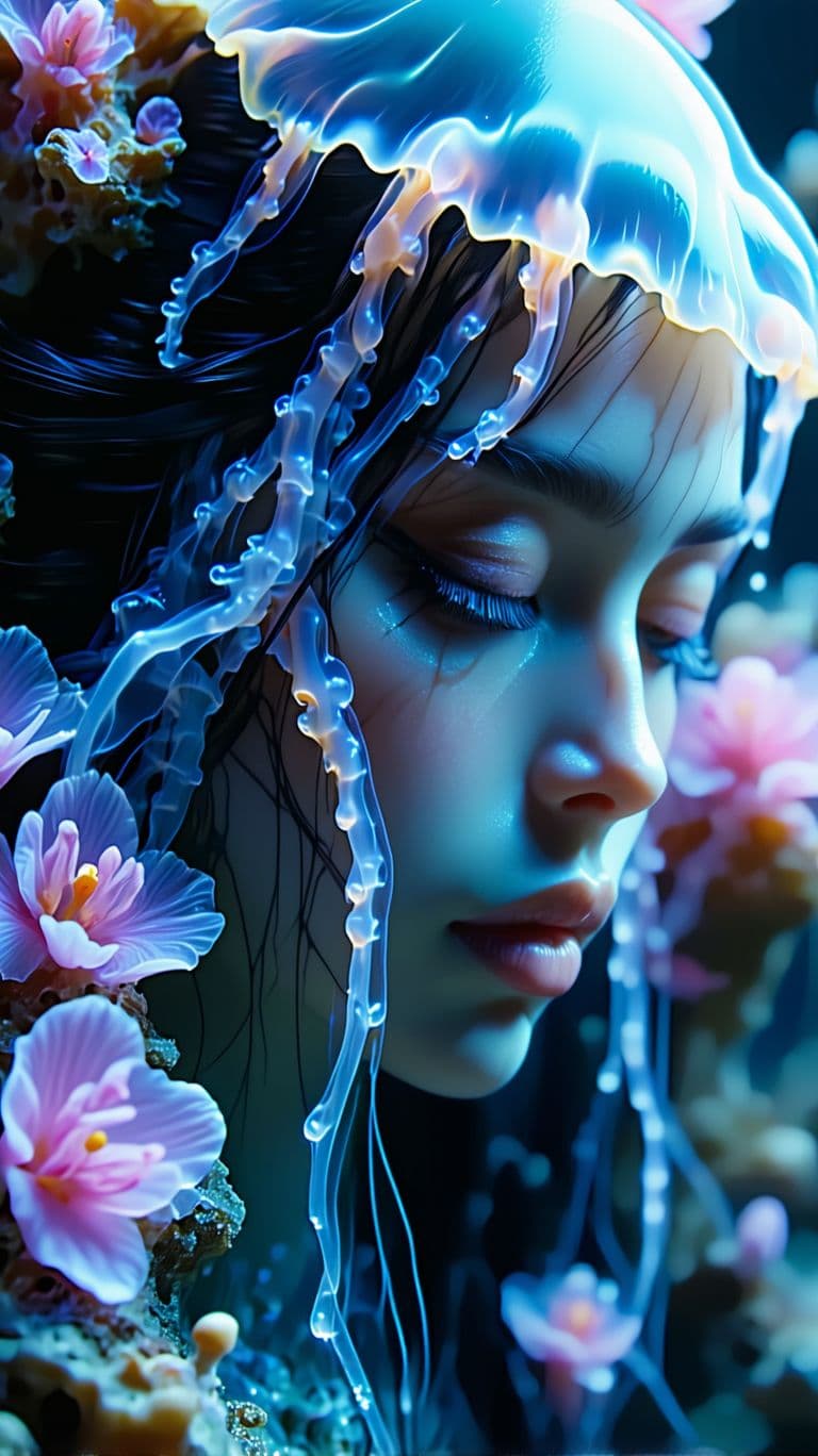 AI generated: Goddess close-up portrait ribcagel. jellyfish phoenix head, nautilus, orchid, skull, betta fish, bio...