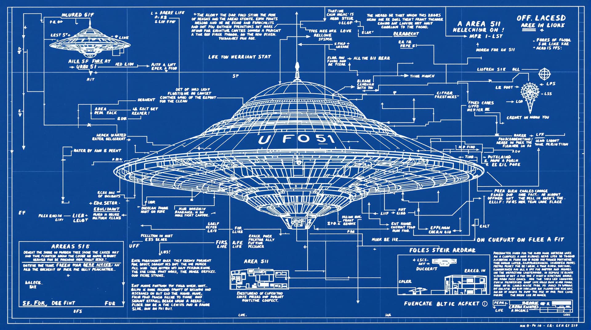AI generated: A blueprint of a UFO with details, found at area 51
