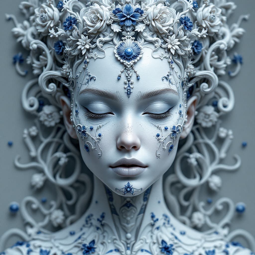 AI generated: a woman made out of porcelain, in the style of balanced symmetry, white and blue, detailed facial fe...
