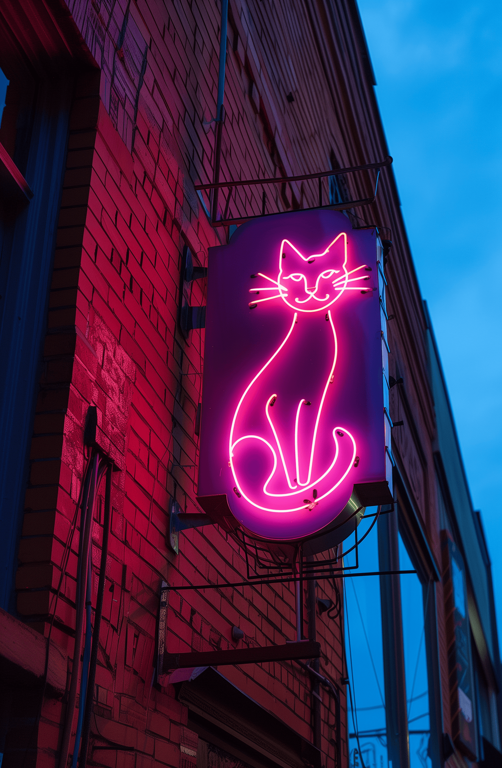 AI generated: pink cat neon sign, on the side of a brick building, from the 1970s, blue sky, photo in the style of...