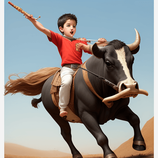 AI generated: A boy riding a bull and playing the flute